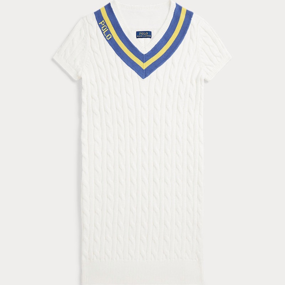 Polo by Ralph Lauren White Cable Knit V-Neck Sweater with Blue and Yellow Trim